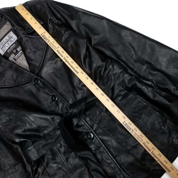 VINTAGE Wilsons Leather 90s Button Down Belted Wrap Coat Large Black Y2k 90s - Picture 3 of 7